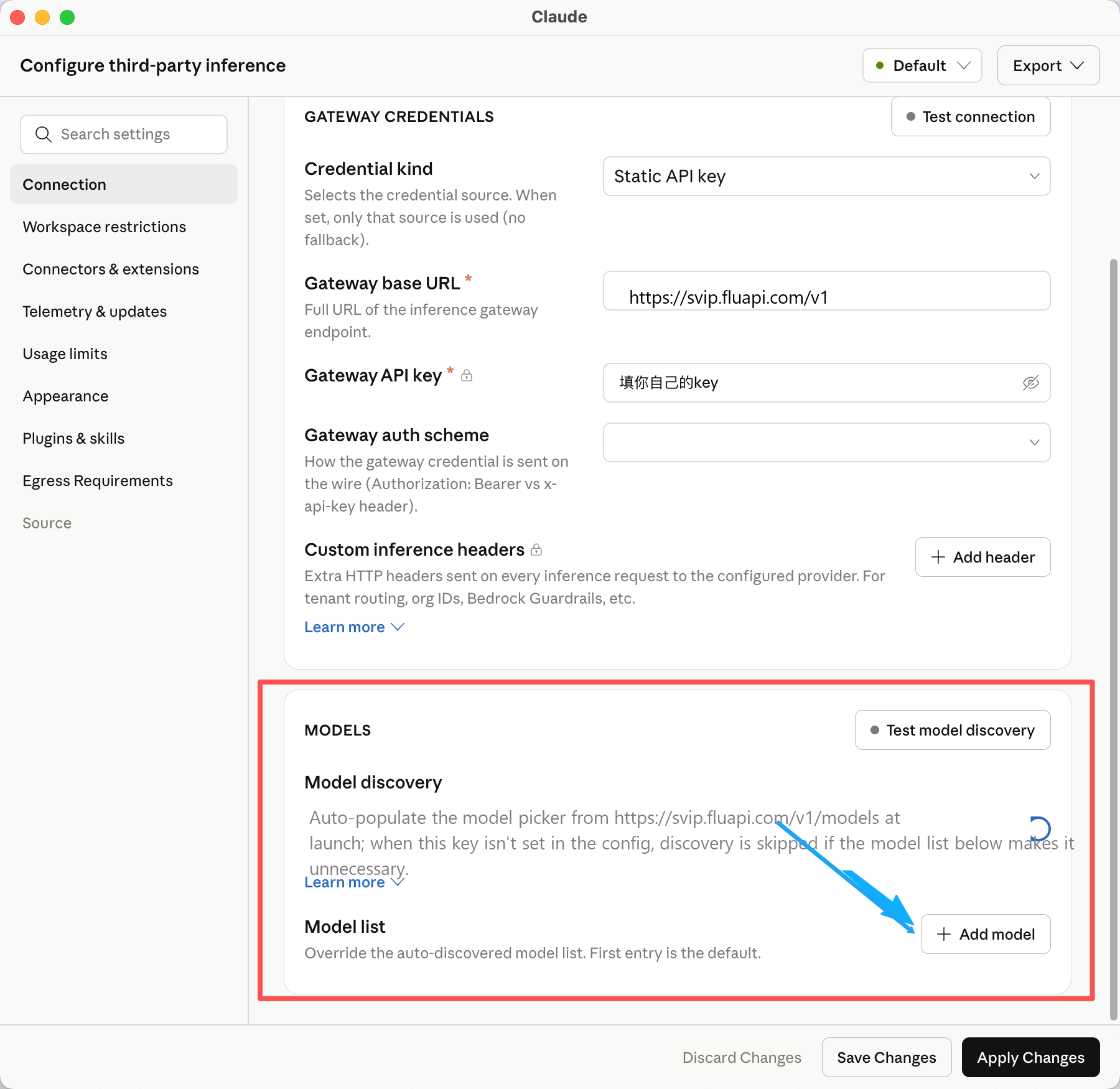 MacOS 在 Model list 点击 Add model 添加模型截图