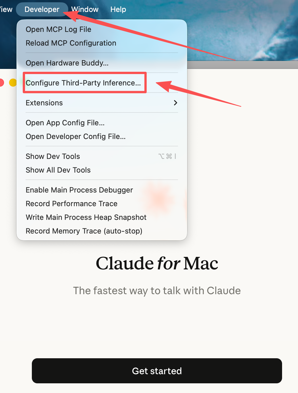 MacOS 点击 Developer 进入 Configure Third-Party Inference 截图