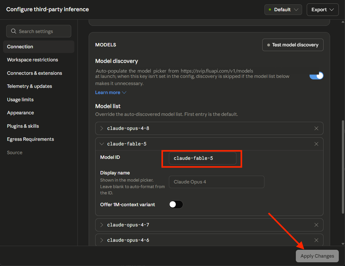 Windows 在 Model list 填写支持模型 ID 并点击 Apply Changes 截图
