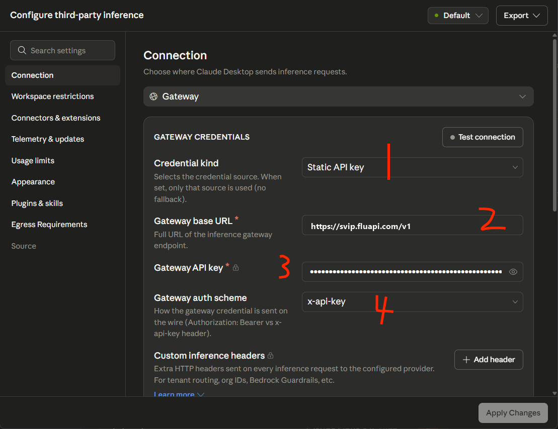 Windows 选择 Static API key 并填写 Base URL、API Key、x-api-key 截图