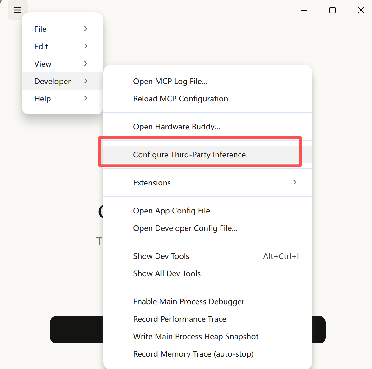 Windows Developer 菜单到 Configure Third-Party Inference 截图