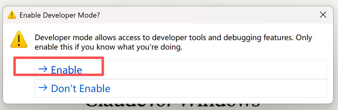 Windows Enable Developer Mode 确认弹窗截图
