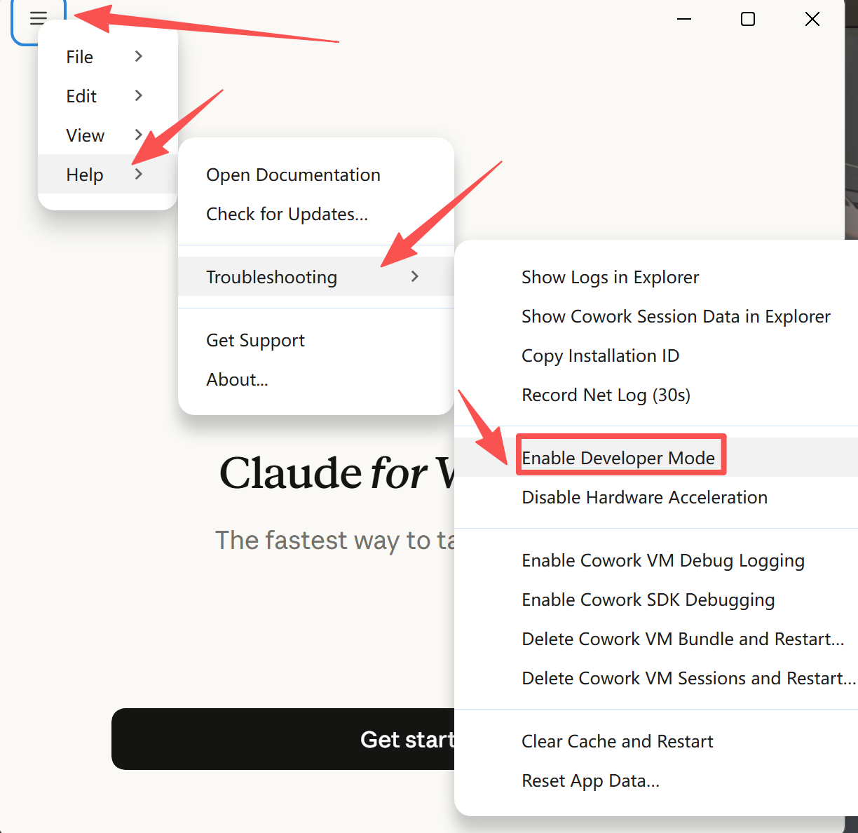 Windows Help 菜单到 Enable Developer Mode 截图