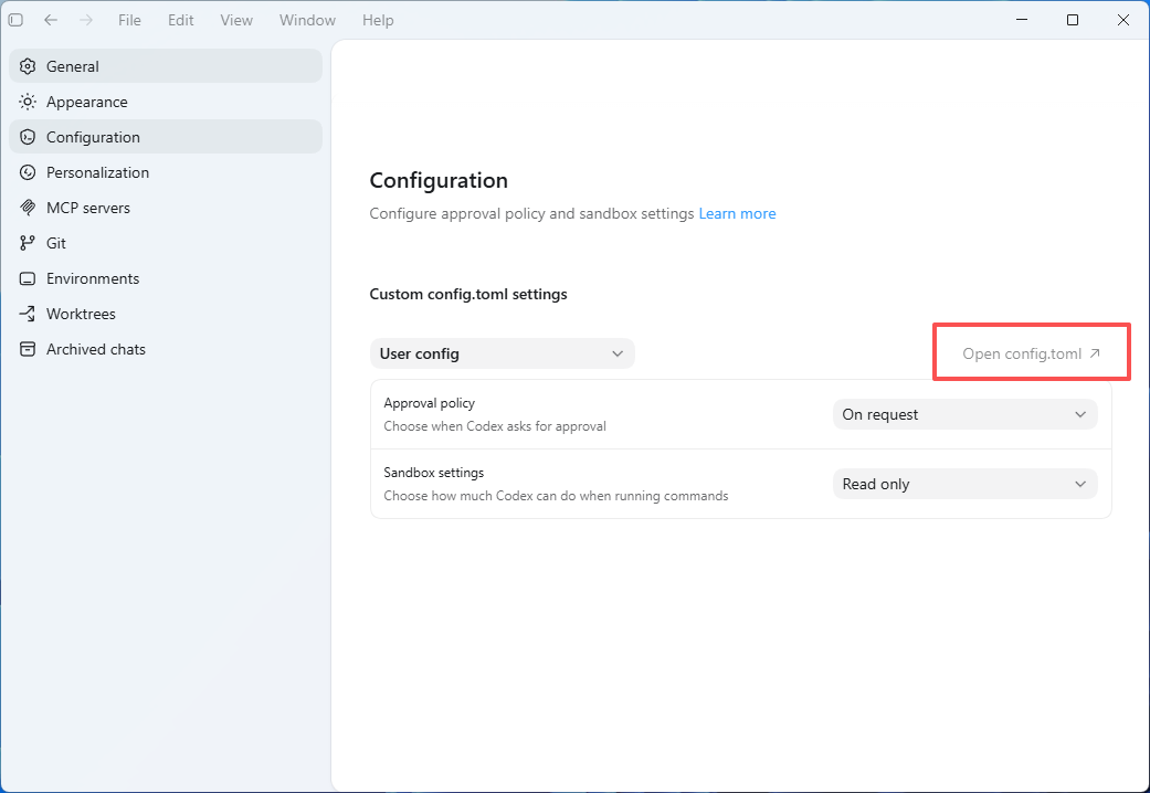 Codex App Configuration 页面截图